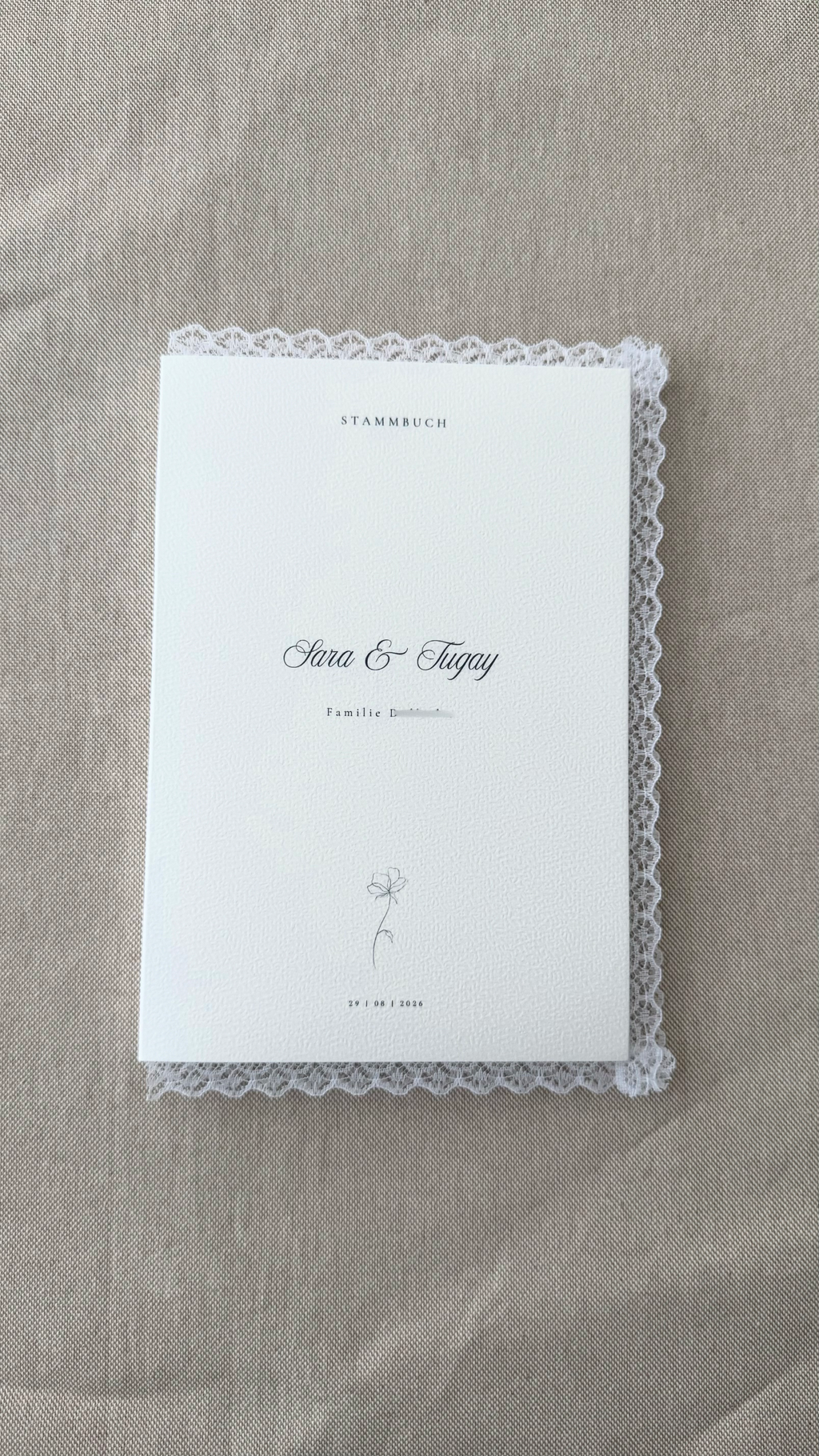 Stammbuch "Spitze" mit Heftklammer und Spruch