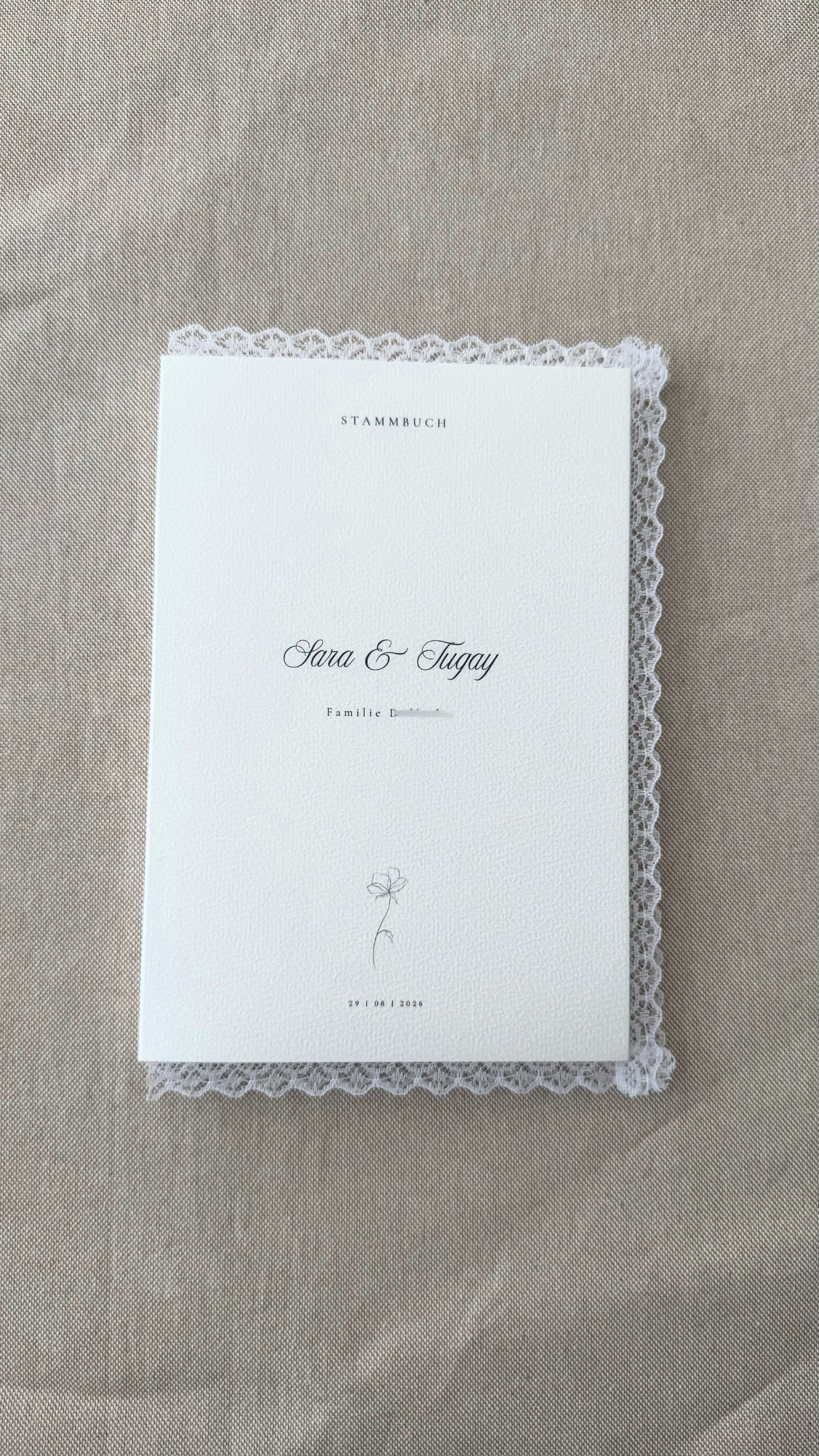 Stammbuch "Spitze" mit Heftklammer und Spruch