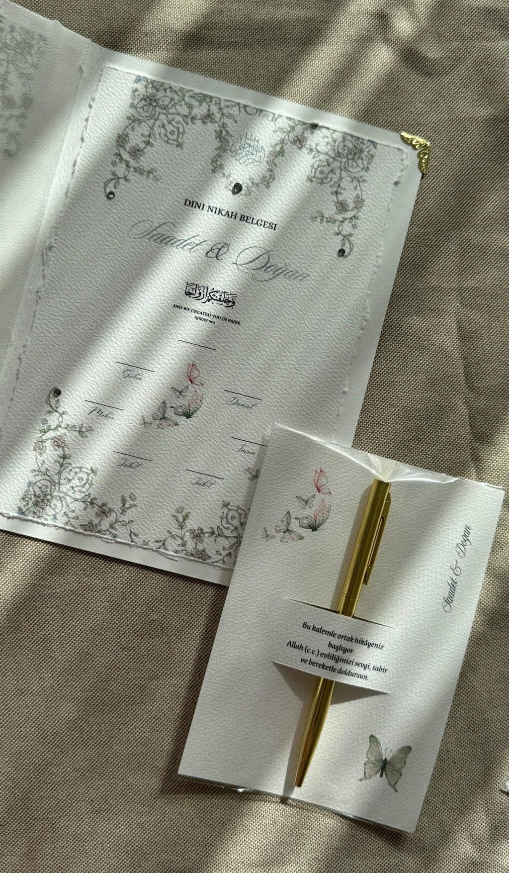 Islamic Marriage Certificate Butterfly – Personalized A5 Nikah Certificate Dini Nikah Belgesi